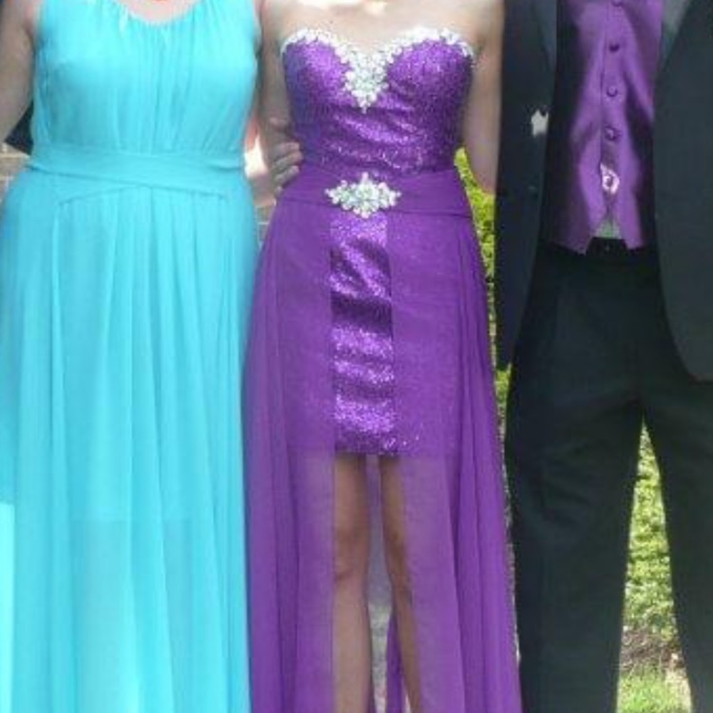 Purple sparkly high lo prom dress